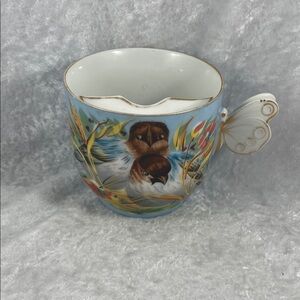Vintage Hand-painted Moustache Mug with Butterfly Handle and Bird Design